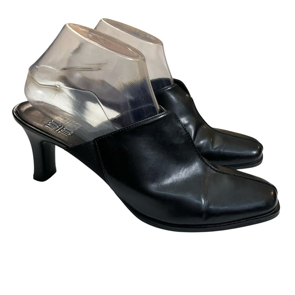 90s Mootsies Tootsies Faux Leather Mules 9M Black Heeled Square Toe Minimalist